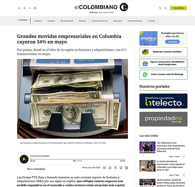 Grandes movidas empresariales en Colombia cayeron 34% en mayo
